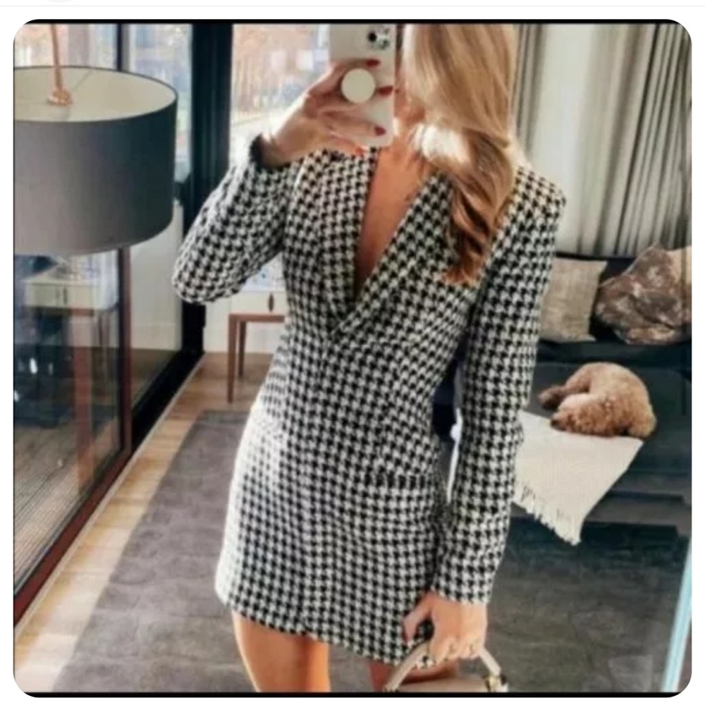 Zara Zara Black/White Houndstooth Structured sz Xs Blazer Jacket Dress 2144/354